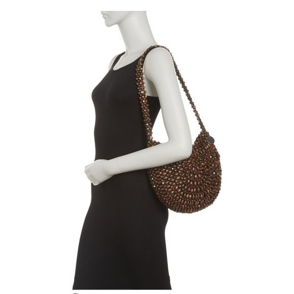 The Sak Womens Brown Montara Vegan Wooden Boho Beaded Hobo Shoulder Handbag NWT - Picture 4 of 9